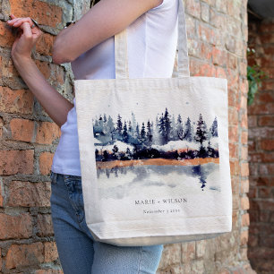 Tote Bag Rust Navy Winter Pine Forest Mariage de neige