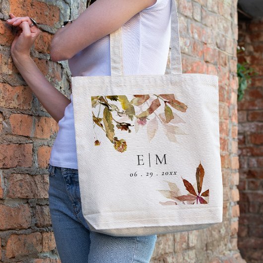 Tote Bag Rust Orange Fall Tree Feuille Monogramme Mariage