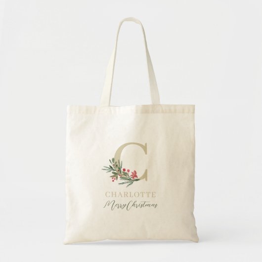 Tote Bag Rustic Berry Branch Initiale et Nom Noël (Devant)