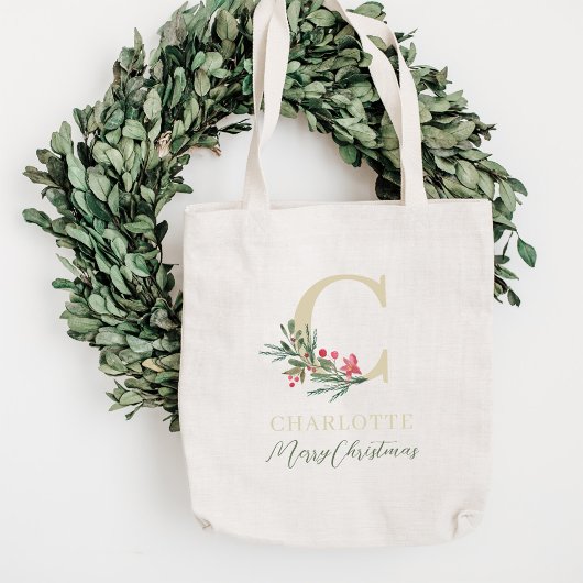 Tote Bag Rustic Berry Branch Initiale et Nom Noël