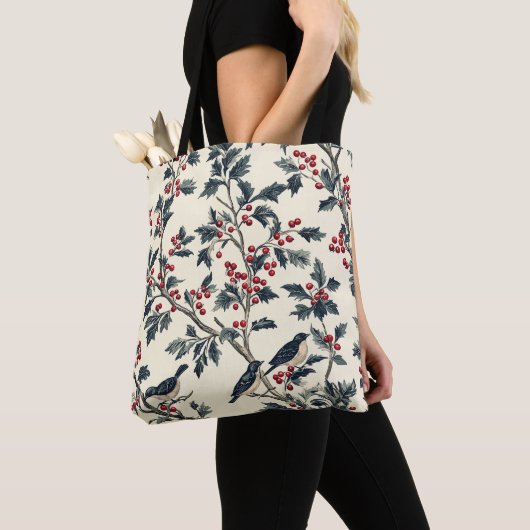 Tote Bag Rustic Bird et Poinsettia Motif de Noël (18) (De près)