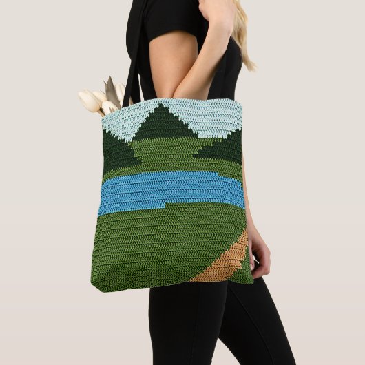 Tote Bag Rustic Blue Lake Hills Green Artiste Crochet Impri (De près)
