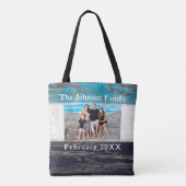 Tote Bag Rustic Blue Wood Family Name Photo Frame (Dos)
