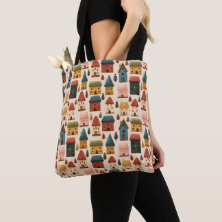 Tote Bag Rustic Festive Christmas Houses Seamless Pattern