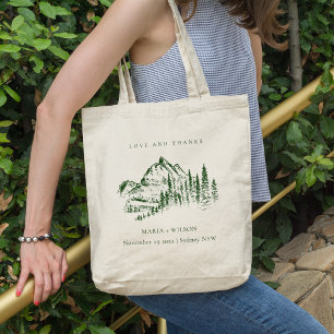 Tote Bag Rustic Green Pine Woods Mountain Sketch Mariage