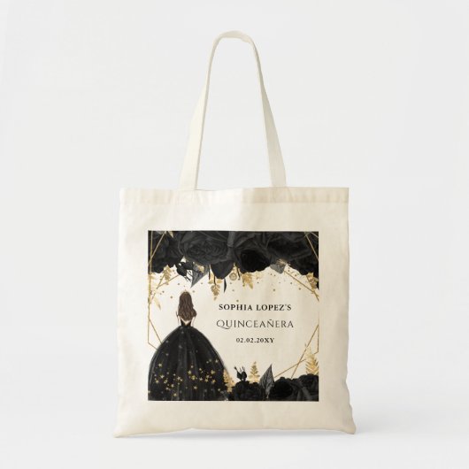 Tote Bag Rustique Black Gold Floral Princesse Quinceanera (Devant)
