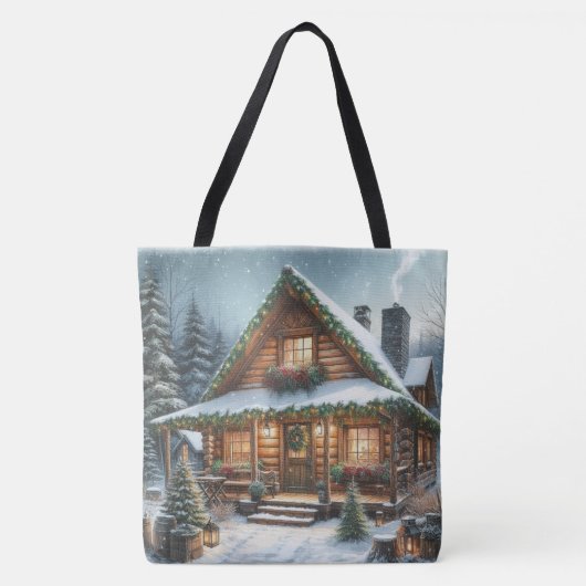Tote Bag Rustique hiver/Noël cabine enneigé (Devant)