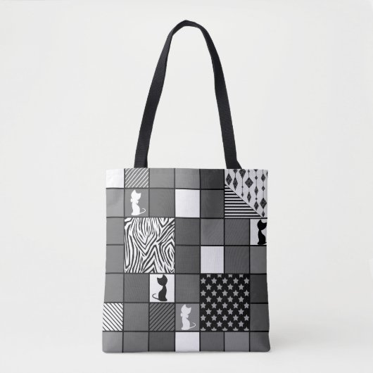 Tote Bag Rustique, Populaire, Noir et blanc, Patchwork, Sim (Devant)