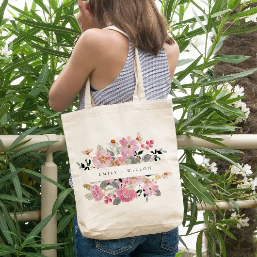 Tote Bag Rustique vif rose Aquarelle rose Mariage Floral