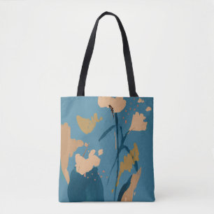 Tote Bag Rustique Vintage Floral Abstrait Art bleu Tan Thro