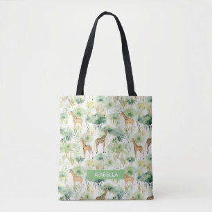 Tote Bag Safari Animal - Giraffe Motif Sage Green