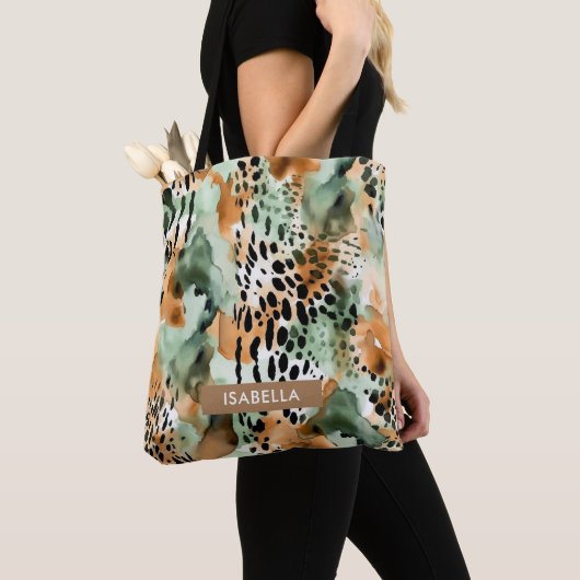 Tote Bag Safari Animaux's Fur Prints Motif Vert & Brown (De près)