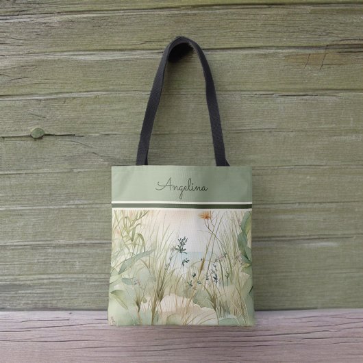 Tote Bag Sage Beach Dunes Herbes et fleurs Monogramme