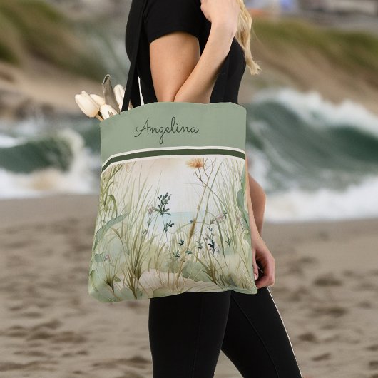 Tote Bag Sage Beach Dunes Herbes et fleurs Monogramme