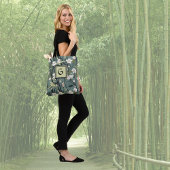 Tote Bag Sage Green Black Floral Japanese Style Monogram 