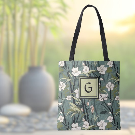 Tote Bag Sage Green Black Floral Japanese Style Monogram 