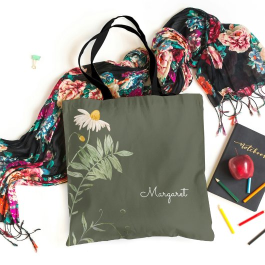 Tote Bag Sage Green Daisy Floral Minimal
