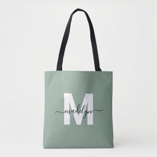 Tote Bag Sage Green Modern Script Nom Monogramme (Devant)