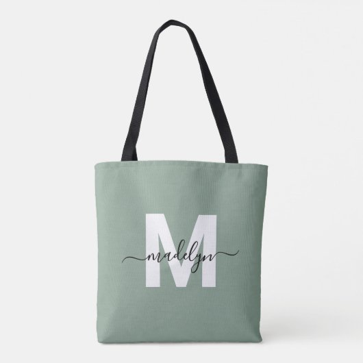 Tote Bag Sage Green Modern Script Nom Monogramme (Dos)
