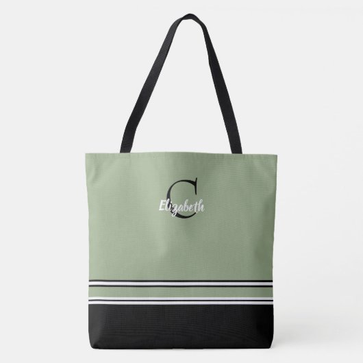 Tote Bag Sage Green Monogram Stripes Personalized  (Devant)
