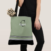 Tote Bag Sage Green Monogram Stripes Personalized  (De près)