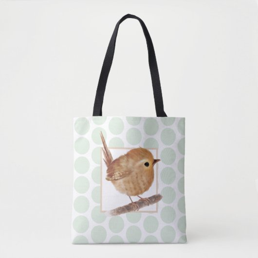 Tote Bag Sage Green Polkadot Puffy Wren Bird (Devant)