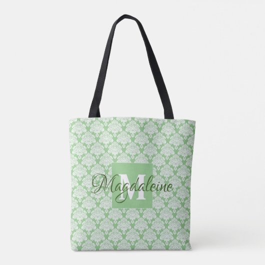 Tote Bag Sage Vert & Blanc Frilly Damask Monogramme (Dos)