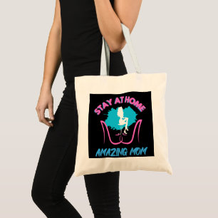 Tote Bag Sahm Restez À La Maison Maman Design Rose Et Bleu