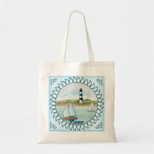 Tote Bag Sailboats Lighthouse nom personnalisé (Devant)