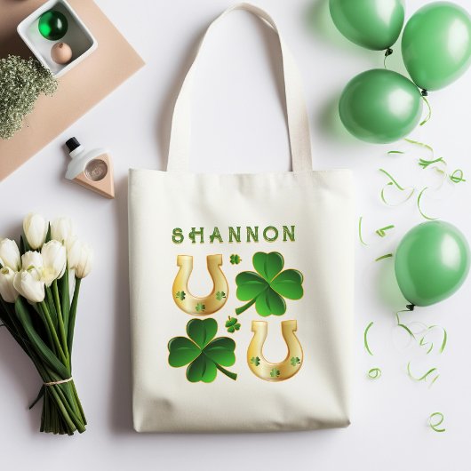 Tote Bag Saint-Patrick vert irlandais Trèfles et fer à chev