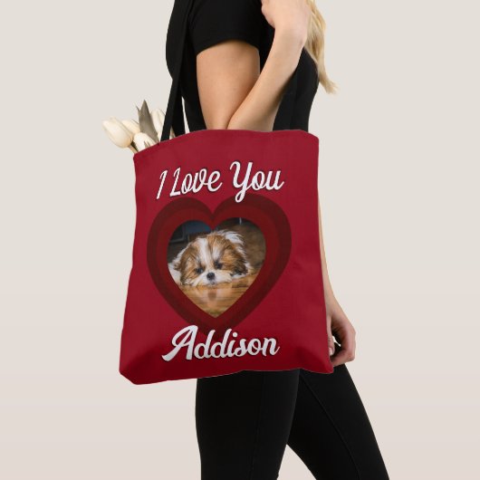 Tote Bag Saint-Valentin amour de chien de coeur Nom photo p (De près)