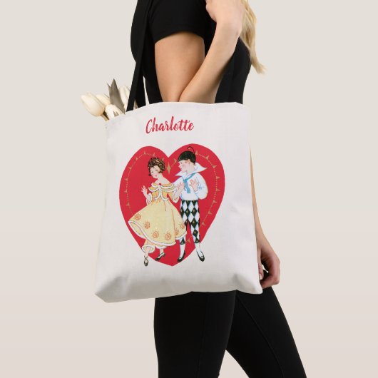Tote Bag Saint Valentin, Arlequin Vintage et Coeur (De près)