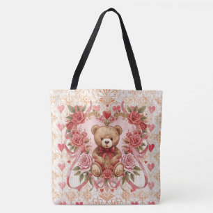 Tote Bag Saint-Valentin, Ours en peluche, Cœur d'amour rose