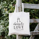 Tote Bag Salutations pour aimer mariage Favoriser<br><div class="desc">Des sacs fourre-tout de bienvenue festifs et chic pour un mariage ou un  d'accueil mariage sont présentés dans un style vintage noir,  en bloc et en typographie avec deux flûtes de champagne jointes par un coeur effervescent. Personnalisez avec vos noms et votre date mariage en dessous.</div>