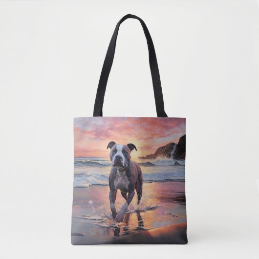 Tote Bag Sandy American Staffordshire Dog on Beach Sunset (Devant)