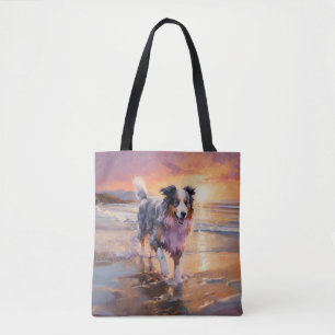 Tote Bag Sandy Australian Shepherd Dog on Beach Sunset