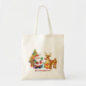 Tote Bag Santa and Reindeer par Christmas Tree with Present (Devant)
