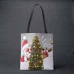 Tote Bag Santa claus and reindeer behind a christmas tree.j<br><div class="desc">christmas santa claus reindeer,  frofrisend friends ful funny ,  vintage magic snowflake art,  2020 happy new year,  joy gift snow flying,  year new celebration deer,  happy xmas winter holiday,  bell merry cartoon illustration,  fun animal cute,  reindeer christmas clmas</div>