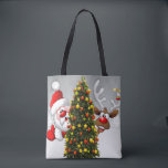 Tote Bag Santa claus and reindeer behind a christmas tree.j<br><div class="desc">christmas santa claus reindeer,  frofrisend friends ful funny ,  vintage magic snowflake art,  2020 happy new year,  joy gift snow flying,  year new celebration deer,  happy xmas winter holiday,  bell merry cartoon illustration,  fun animal cute,  reindeer christmas clmas</div>