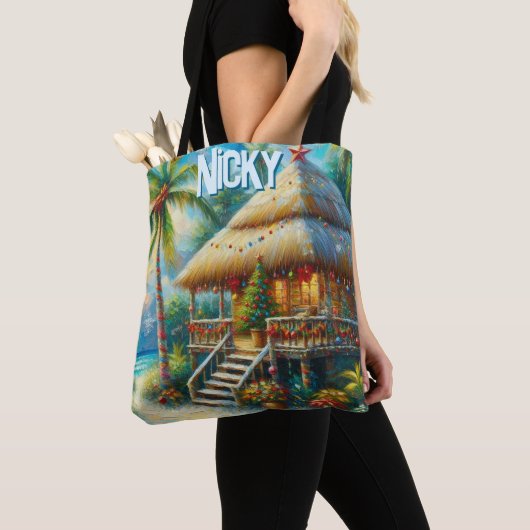 Tote Bag Sapin de Noël Palmier Tropical Personnalisé (De près)