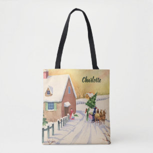 Tote Bag Sapin de Noël vintage sur une route enneigée d'hiv