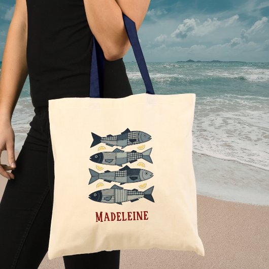 Tote Bag Sardines de style patchwork thème de la plage côti