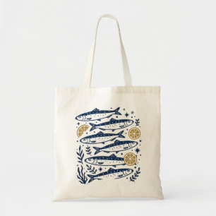 Tote Bag Sardines Vintage Impression Linogravure Bleu Poiss