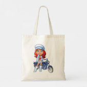 Tote Bag Sassy Biker Girl avec cheveux rouges et moto (Dos)