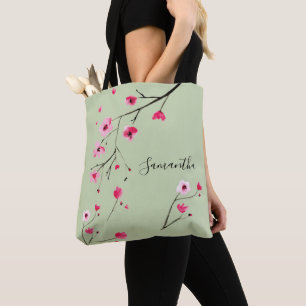 Tote Bag Sauge moderne vert aquarelle fleurs de cerisiers N