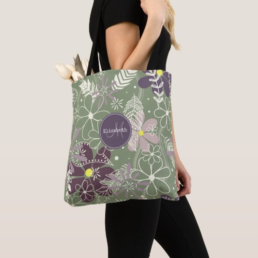 Tote Bag sauge prune violet plumes lilas fleurs motif (De près)