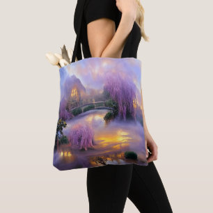 Tote Bag Saule rose au coucher du soleil près de l'étang