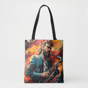 Tote Bag Saxophone Lecteur Musique Peinture Art Décor Abstr