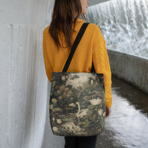 Tote Bag Scène botanique d'un cygne blanc dans une rivière 