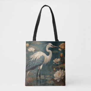 Tote Bag scène botanique vintage grue bleue et lotus aussi
